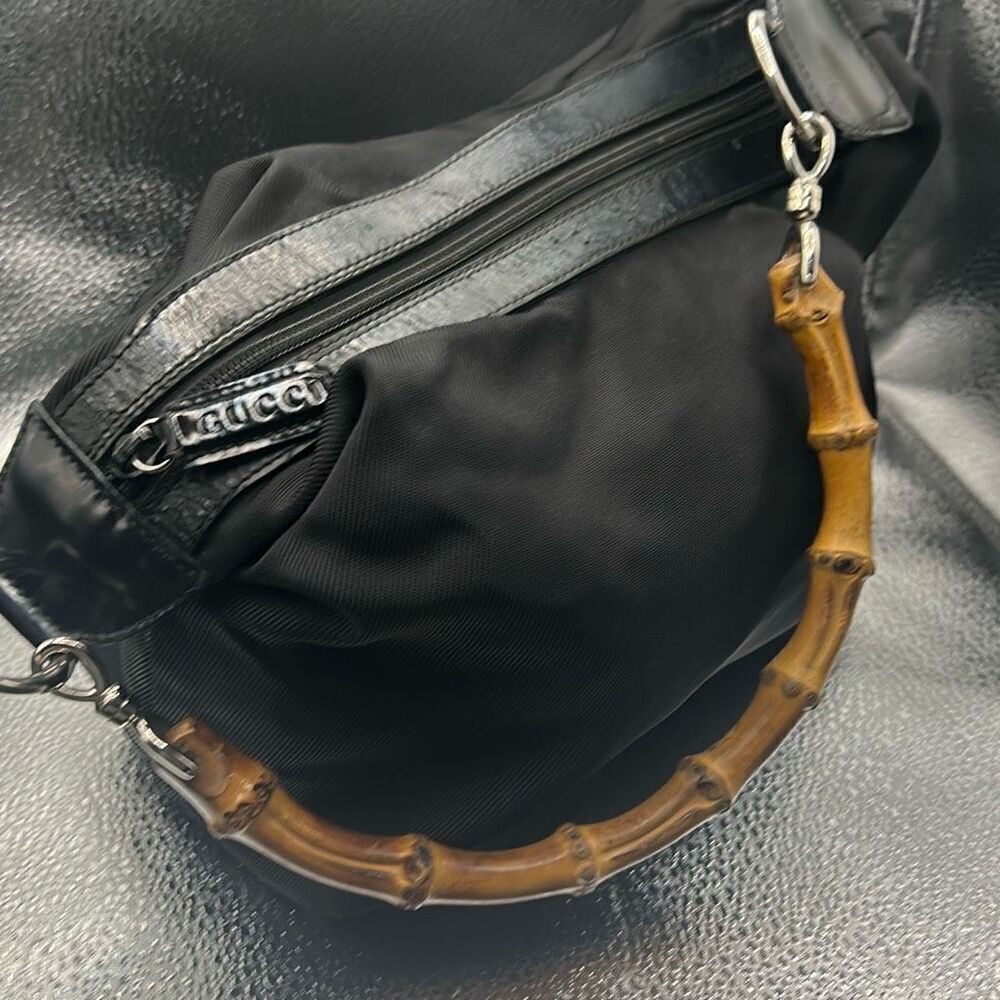 Gucci Nylon Shoulder Bag With Bamboo Strap Black Iconic Summer Tropical Luxury